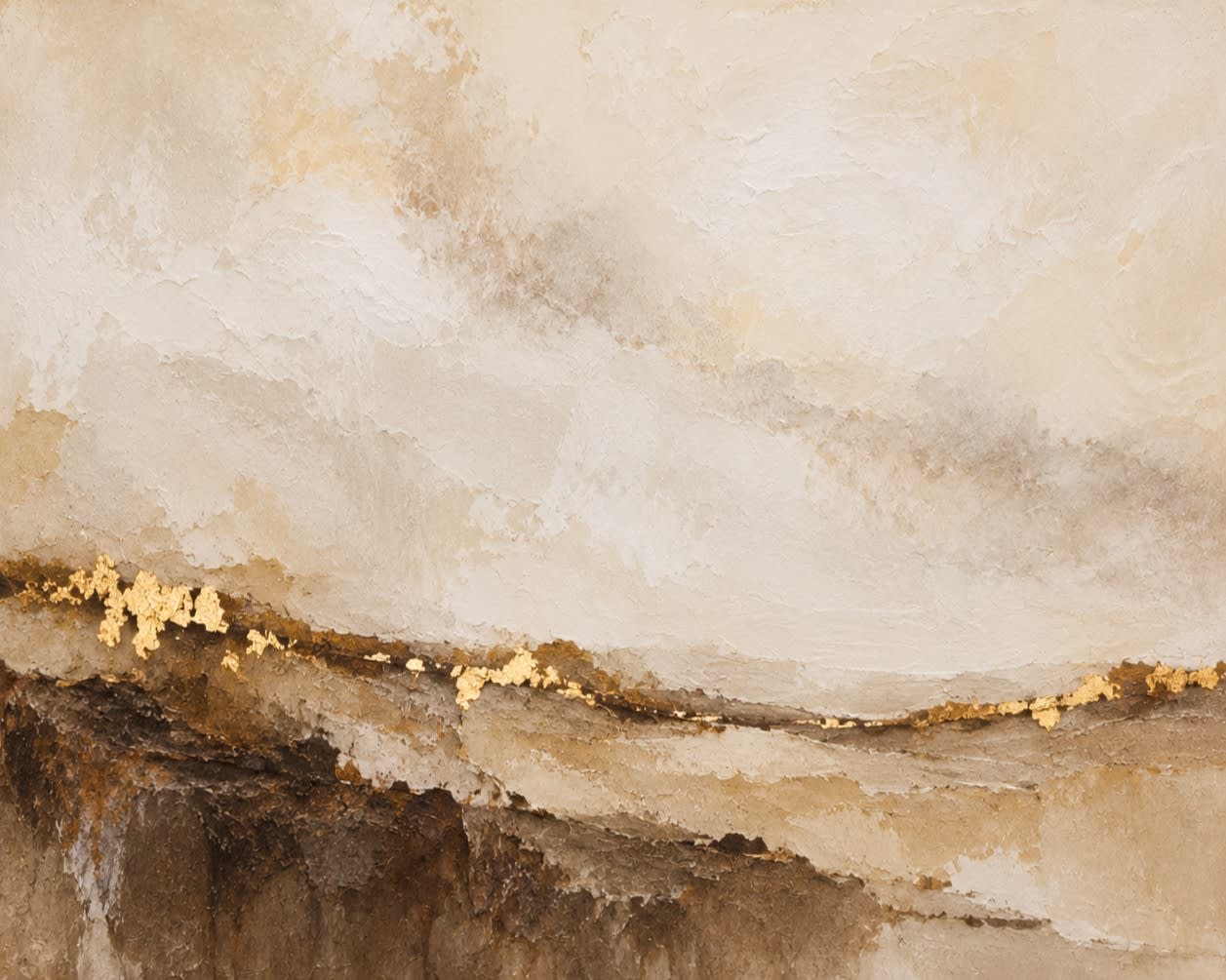 Horizonte de Arena · serie Terra: obra original en Acrílico, Pasta texturizada, Hoja dorada, sobre fondo blanco
