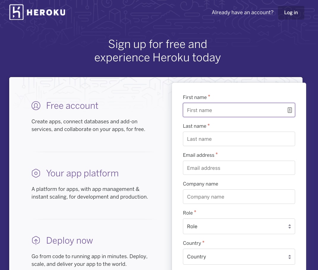 Heroku sign up page