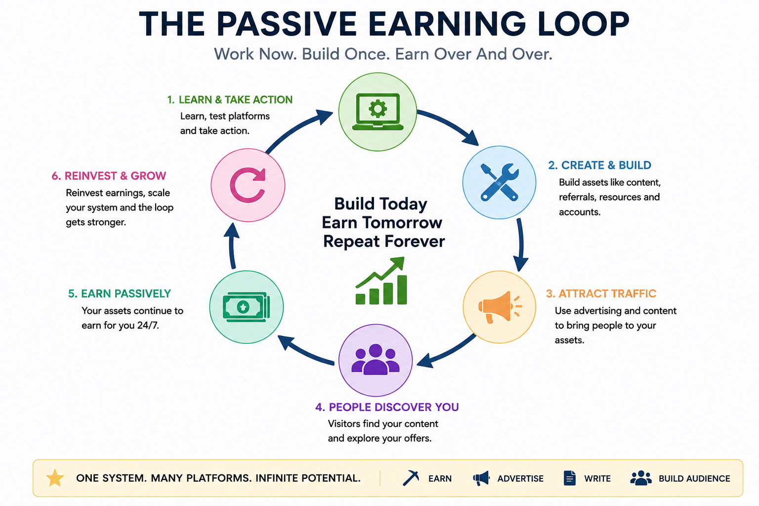 Passive earning, advertising, mining and writing