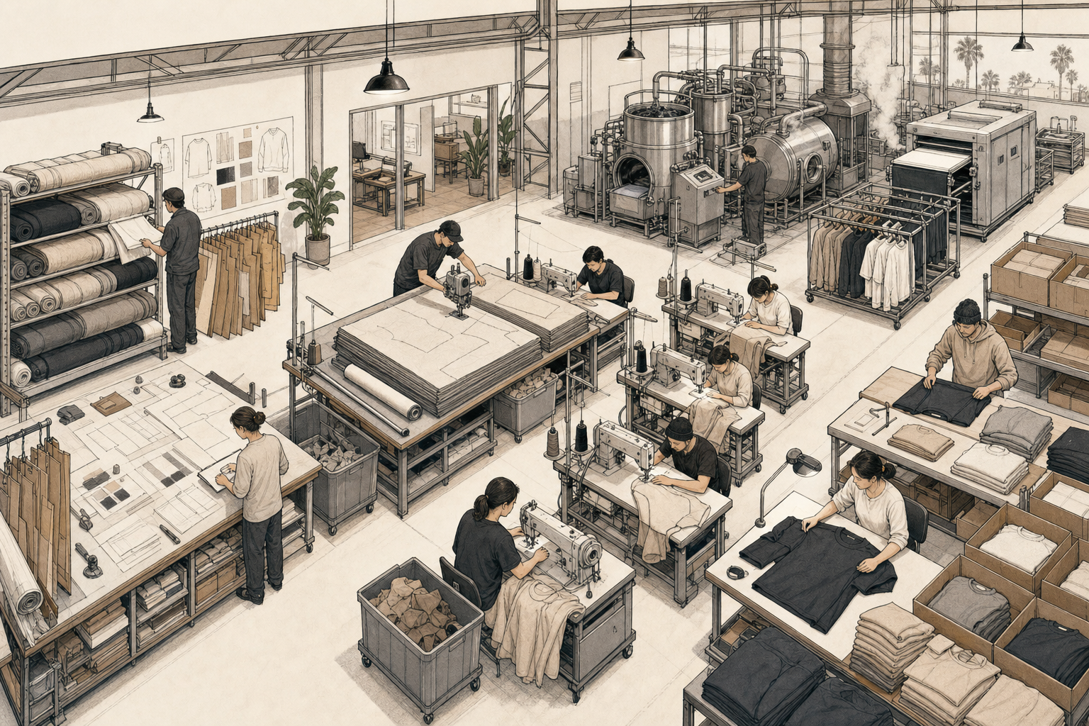 Connected apparel production stages from fabric rolls and cutting through sewing, finishing, inspection, and packing.