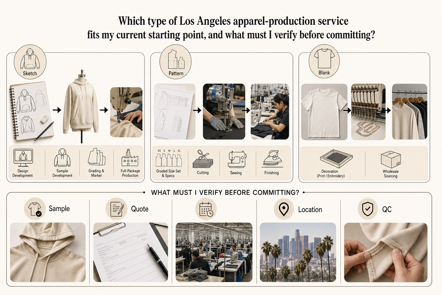 Decision matrix matching sketches, approved patterns, and blank garments with production paths and verification checks.