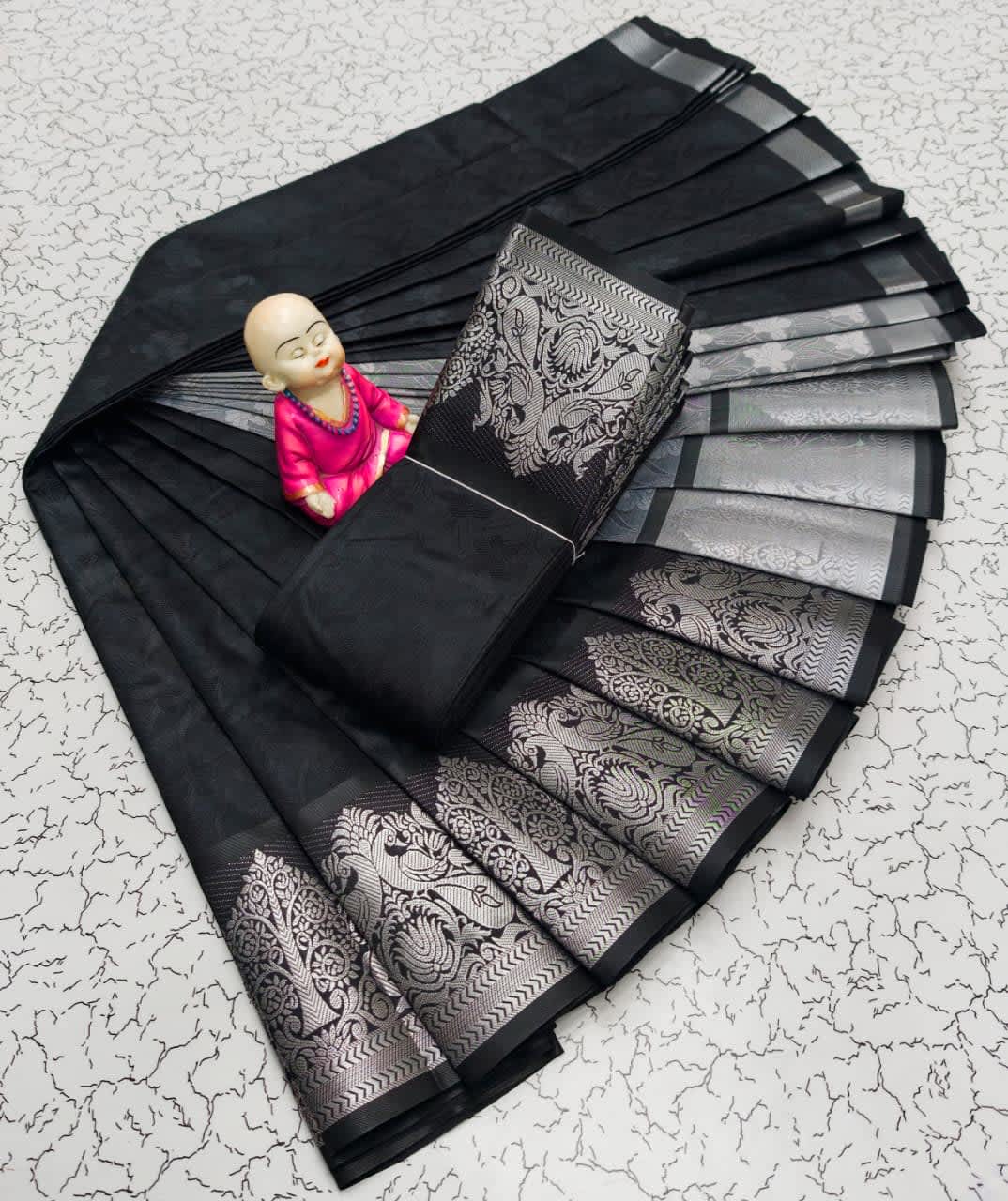 3D Embossed Art Silks Saree - Black - Image 1