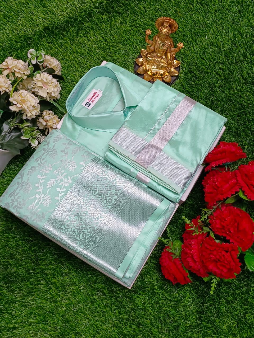 Premium silk Couple combo set (Shirt - Dhoti + Bridal semi silk sarees) - Mint Green Silver - Image 1