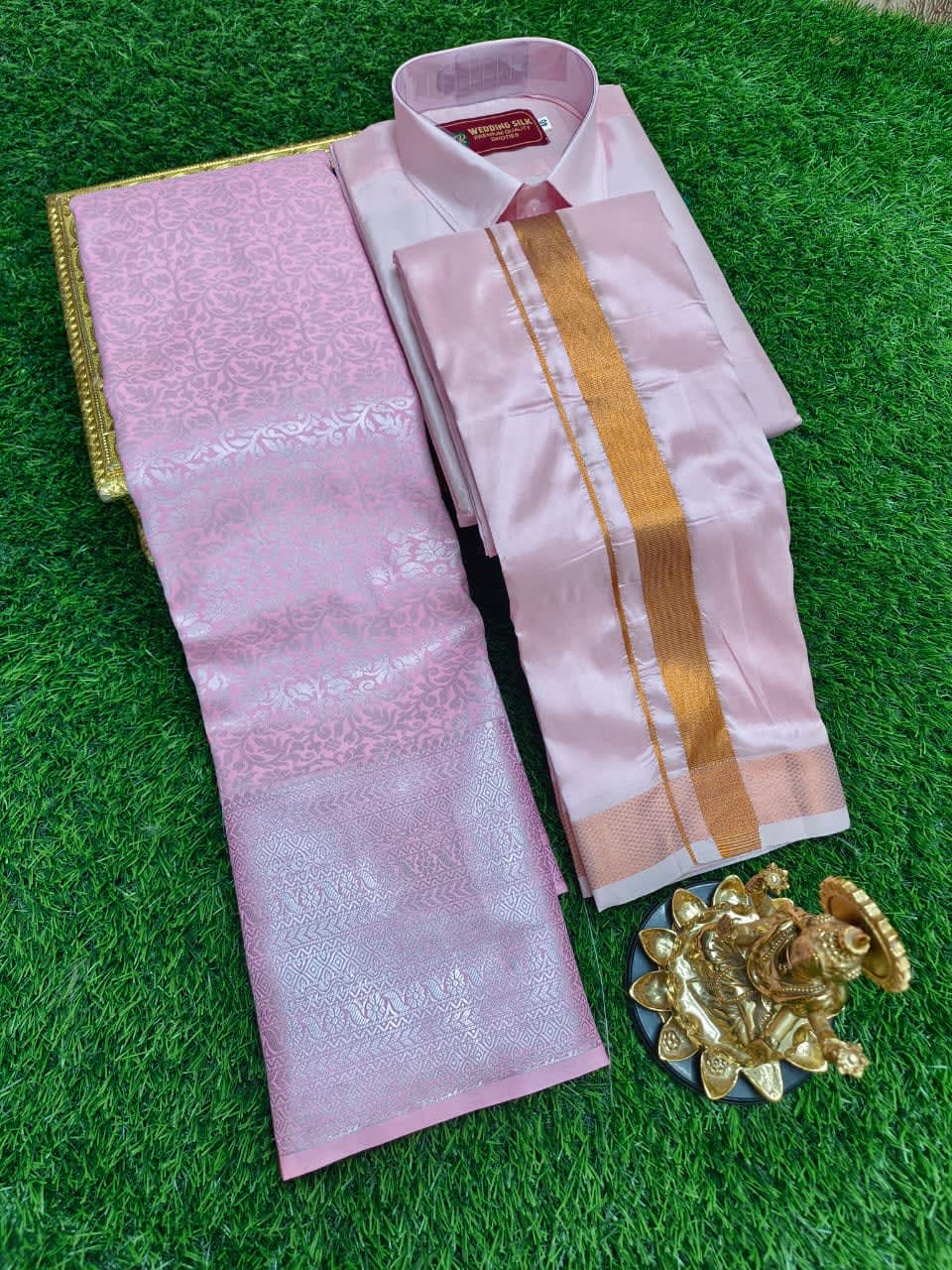Premium silk Couple combo set (Shirt - Dhoti + Bridal semi silk sarees) - Light Pink Silver - Image 1