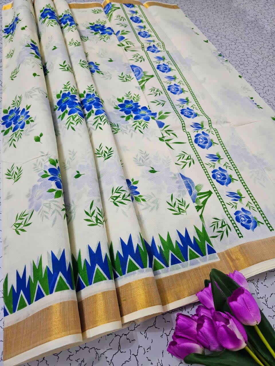 PRINTED WORK Kerala COTTON SAREES - White Gold Brown - Image 1