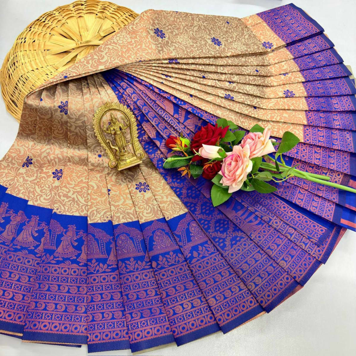 ELITE Korvai Bridal - Beige Royal Blue Purple - Image 1