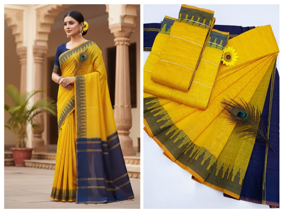 KORVAI BORDER SILK COTTON SAREES_Yellow - Image 1