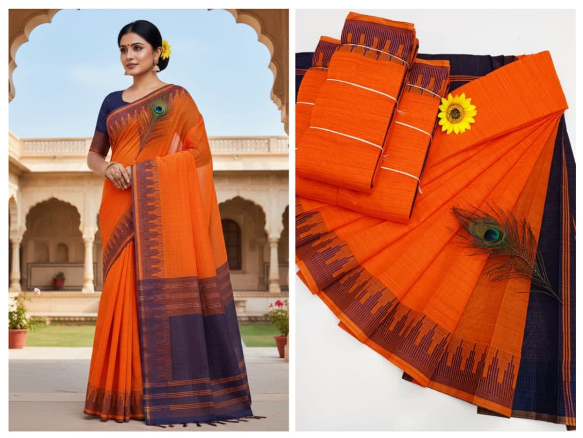 KORVAI BORDER SILK COTTON SAREES_Orange - Image 1