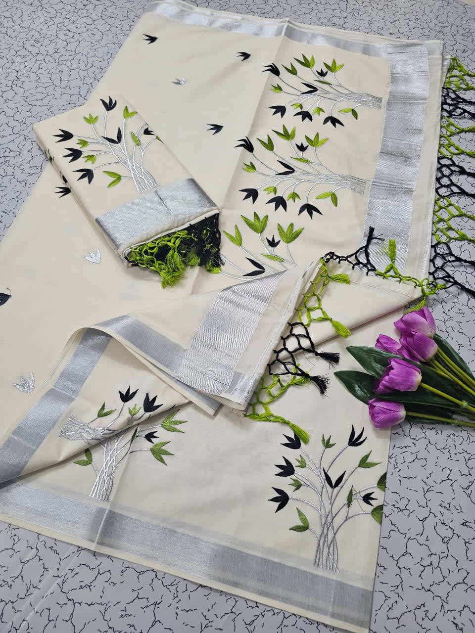 ONAM Special Saree - White Green - Image 1