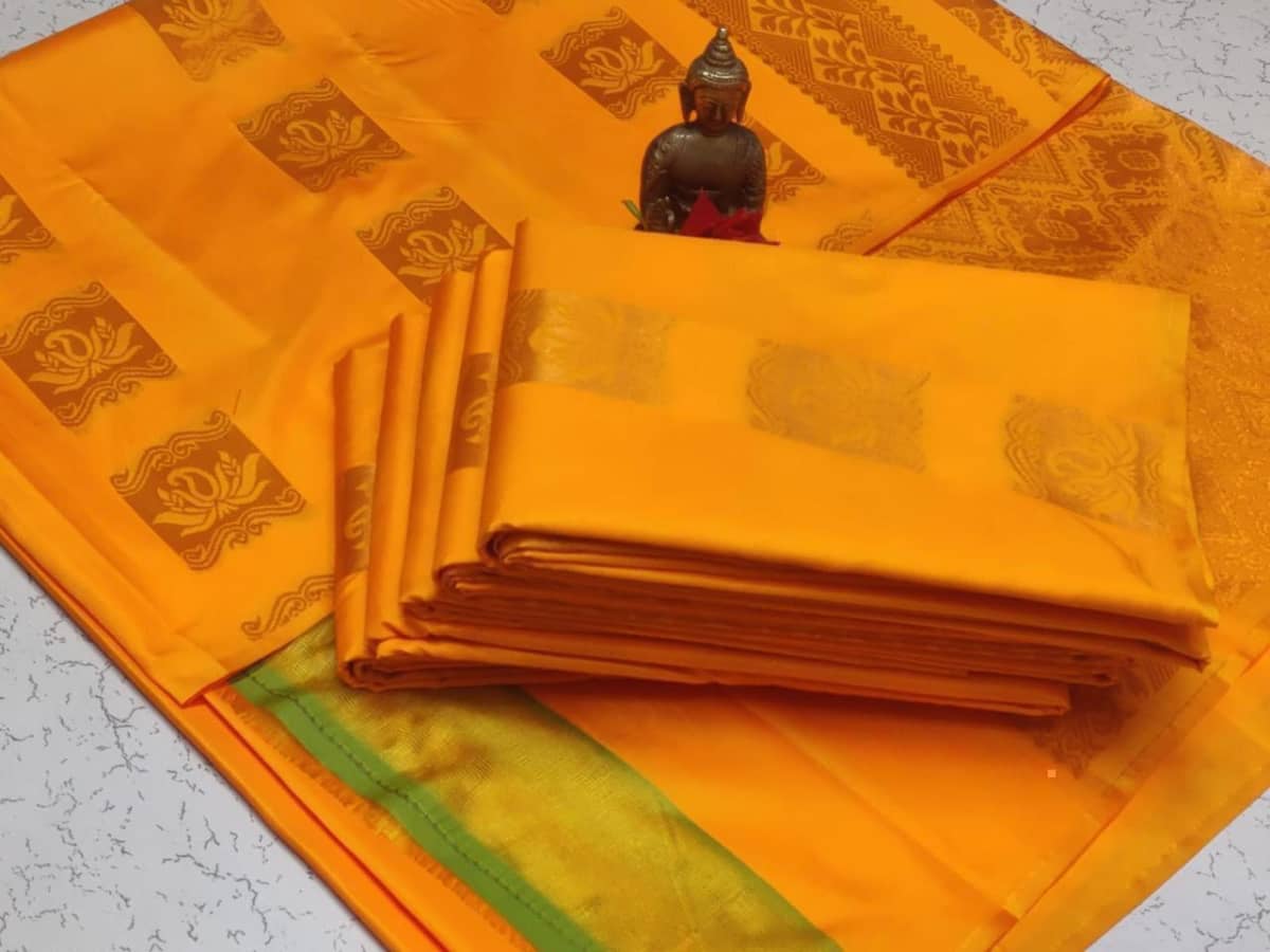Borderless Soft Silk Saree - Mustard Yellow - Image 1