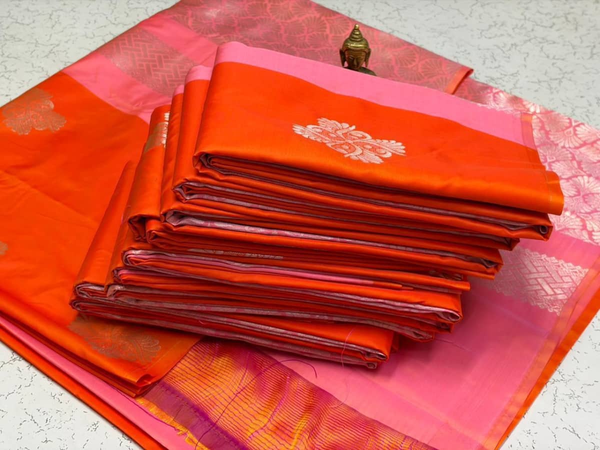 Borderless Soft Silk Saree - Orange Red - Image 1