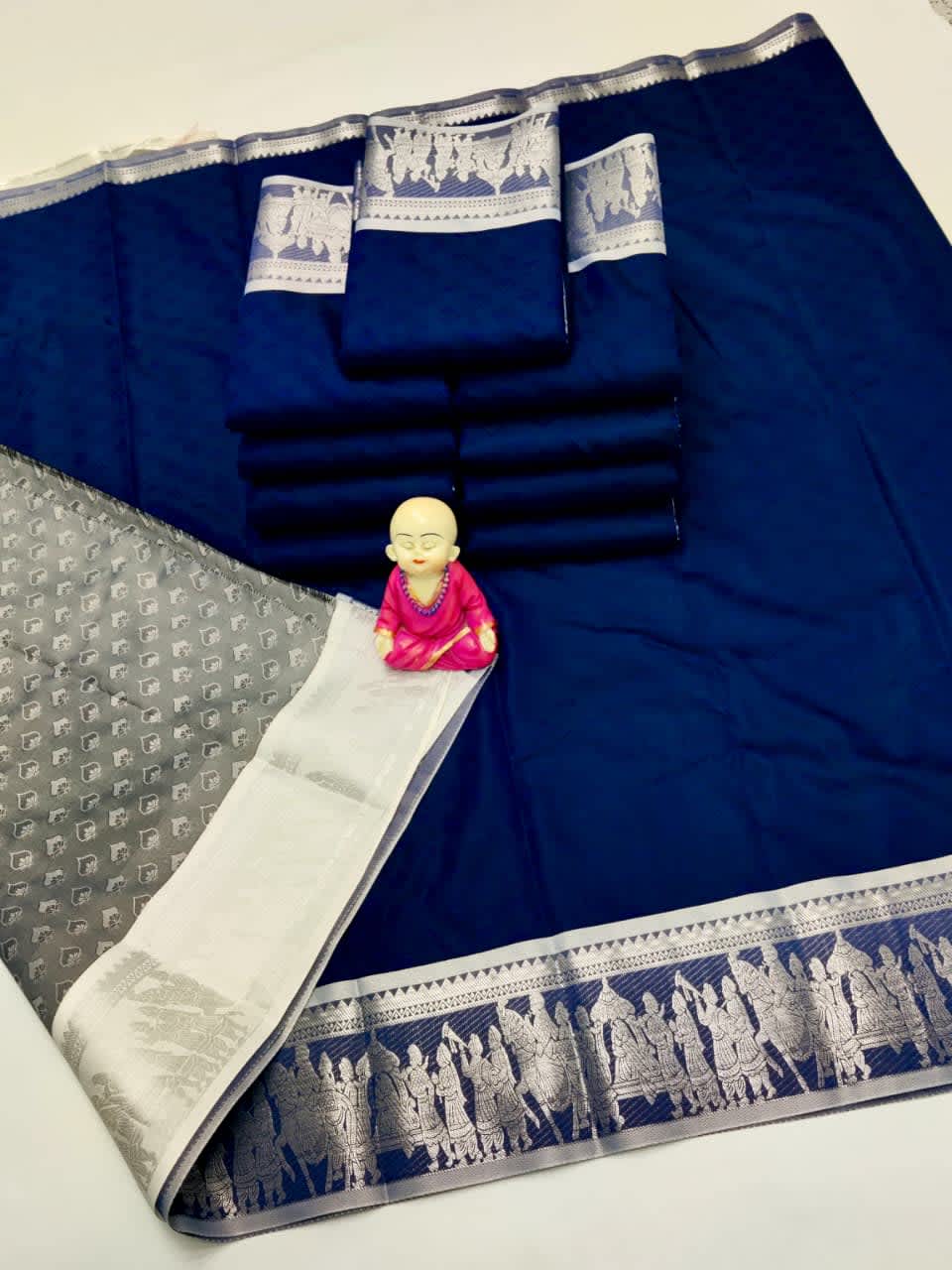 3D Embossed Art Silks Saree_Navy Blue - Image 1