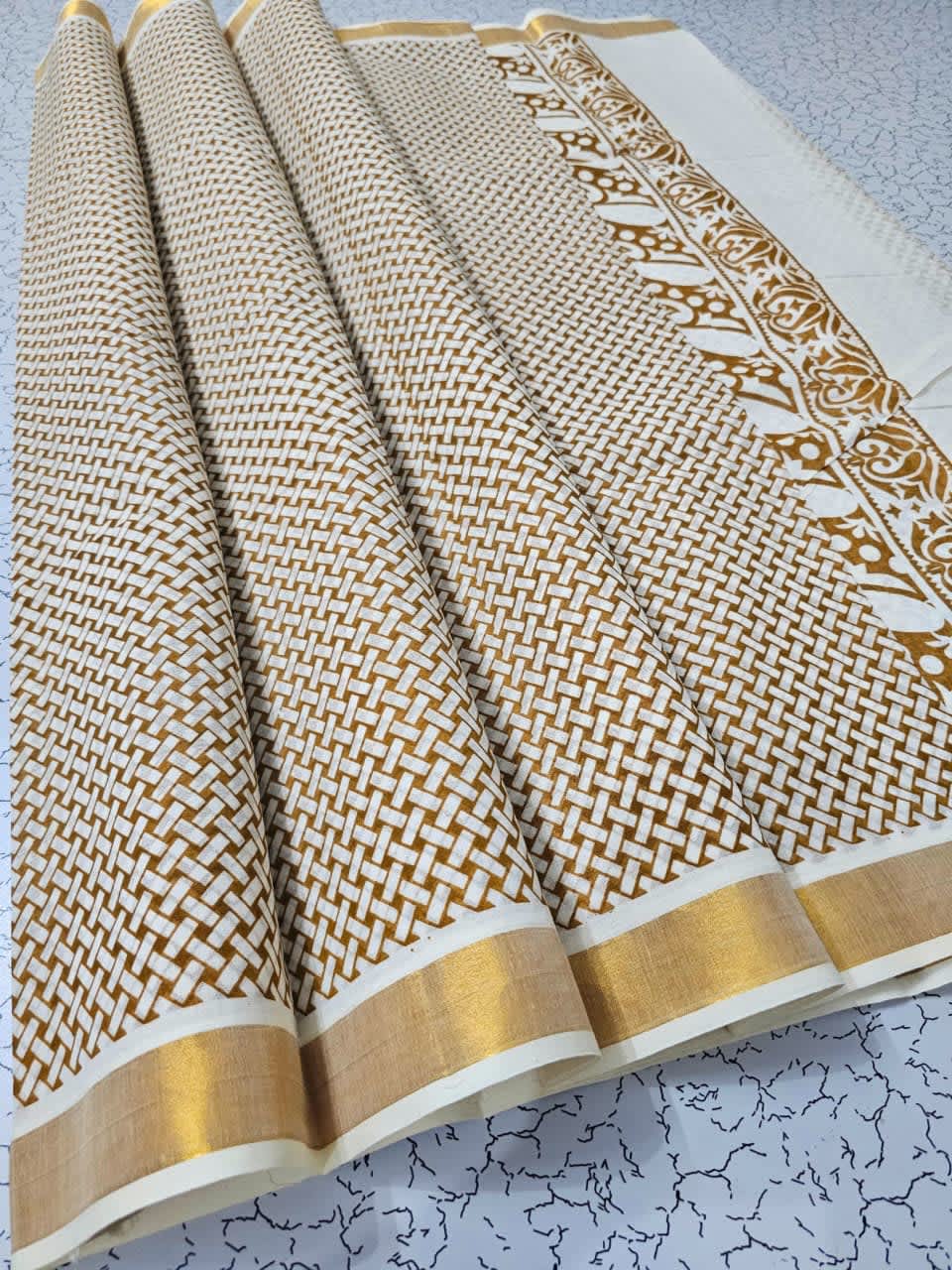 PRINTED WORK Kerala COTTON SAREES - White Gold Beige - Image 1