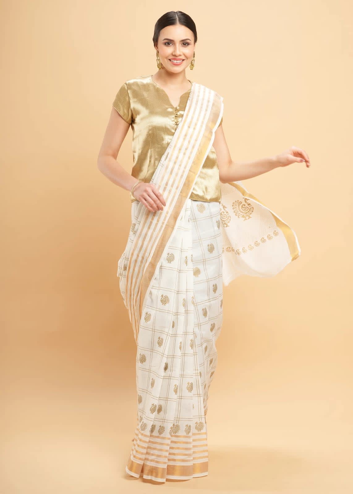 PRINTED WORK Kerala COTTON SAREES - White Gold Blue Green - Image 1