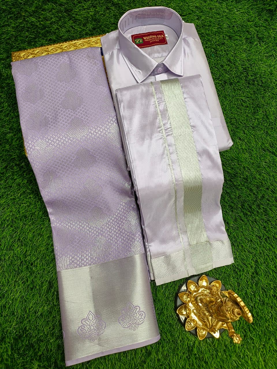 Premium silk Couple combo set (Shirt - Dhoti + Bridal semi silk sarees) - Light Purple Silver - Image 1