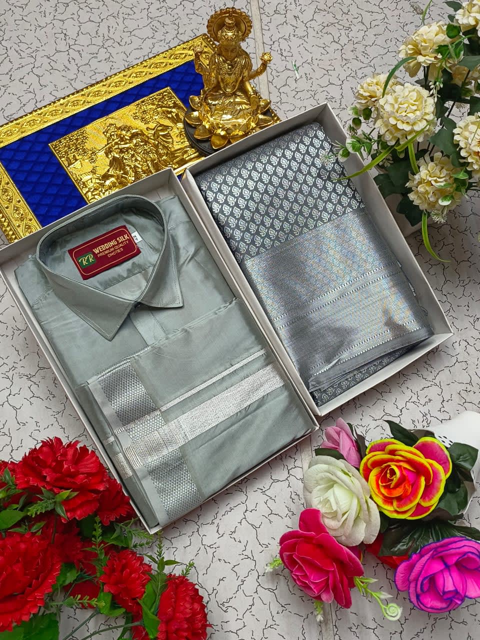 Premium silk Couple combo set (Shirt - Dhoti + Bridal semi silk sarees) - Steel Grey Silver - Image 1