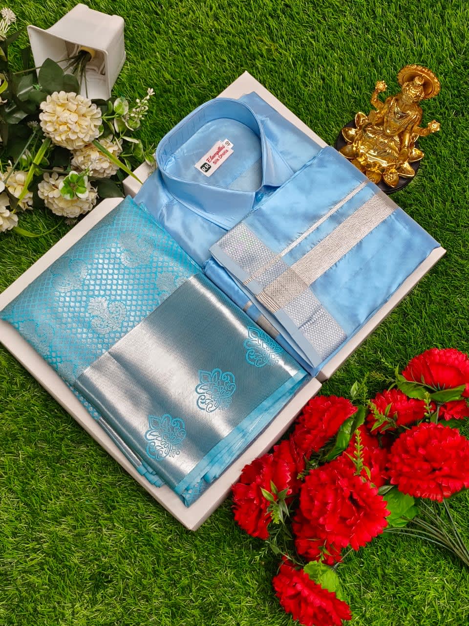 Premium silk Couple combo set (Shirt - Dhoti + Bridal semi silk sarees) - Sky Blue Silver - Image 1