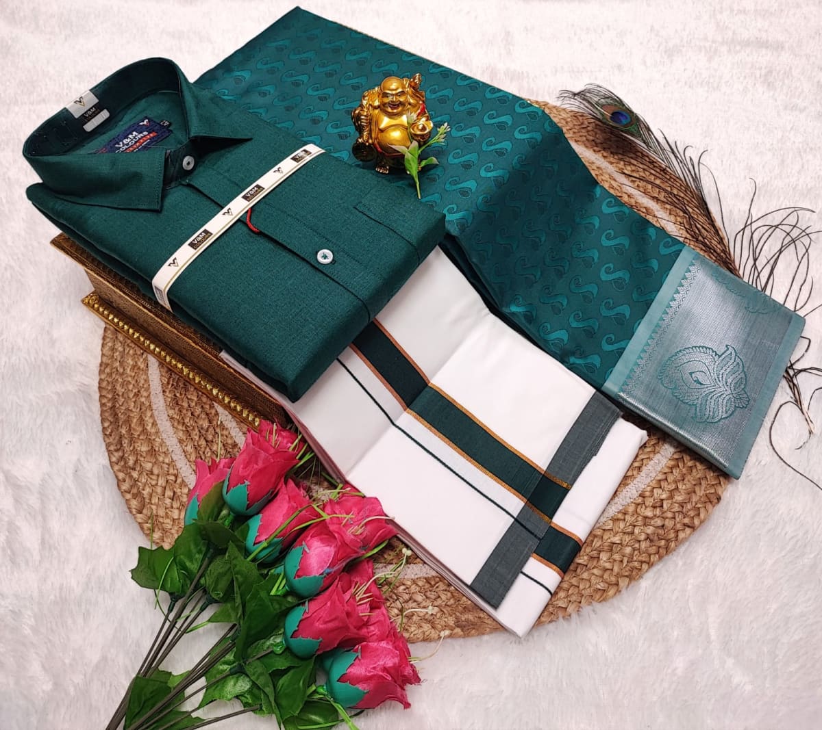 Cotton Blended Heavy Quality shirt & Dhothi - Dark Green - Image 1
