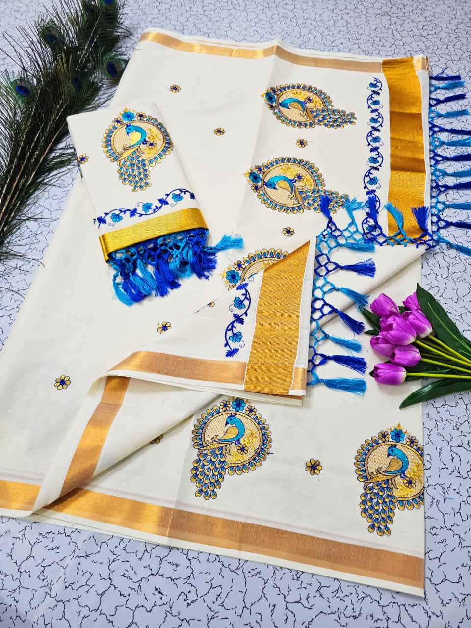 ONAM Special Saree - White Blue Gold - Image 1