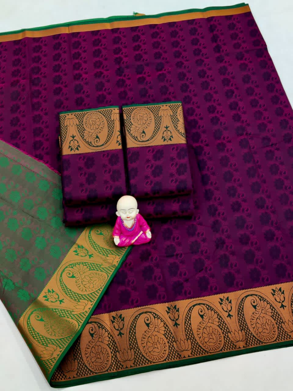 3D Embossed Art Silks Saree_Purple Green - Image 1