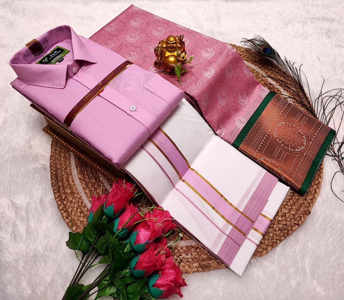 Cotton Blended Heavy Quality shirt & Dhothi - Light Pink - Image 1