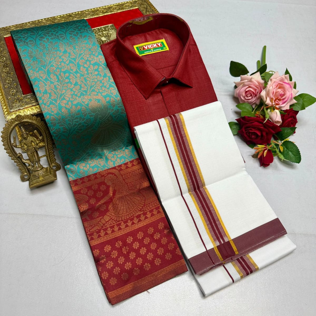 Kupera Silk Bridal Combo Set - Turquoise Red - Image 1
