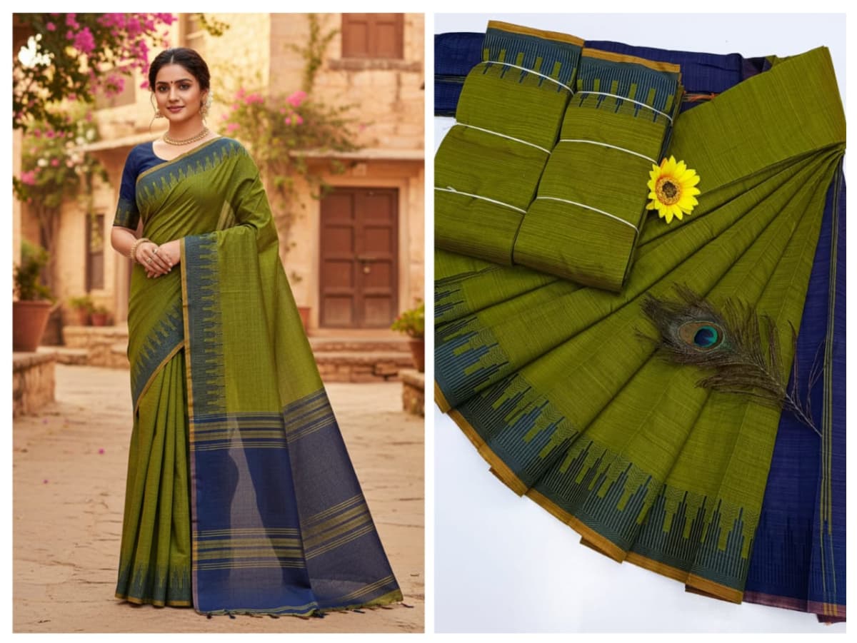 KORVAI BORDER SILK COTTON SAREES_Olive Green - Image 1