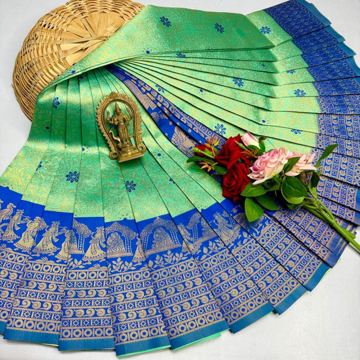 ELITE Korvai Bridal - Light Green Royal Blue - Image 1