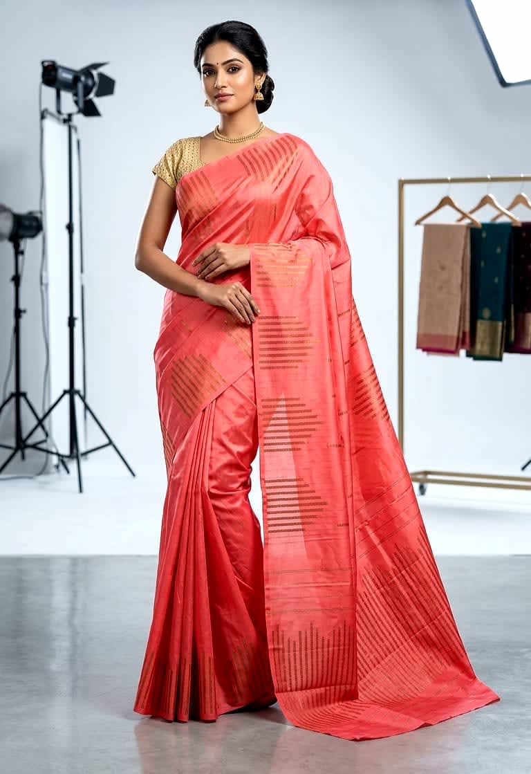 Arani Vairaoosi Soft Silk Saree - Coral Red - Image 1