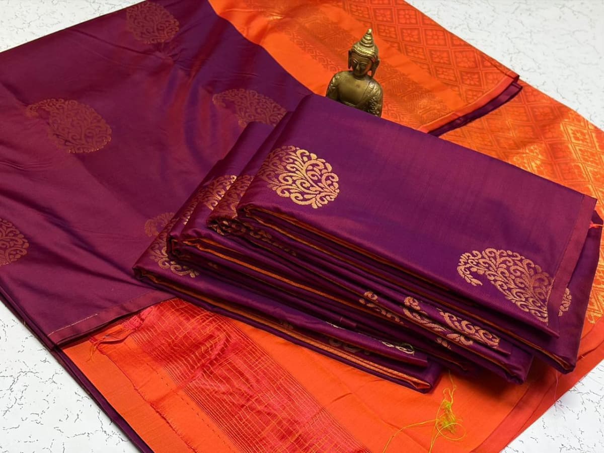 Borderless Soft Silk Saree - Purple Orange - Image 1
