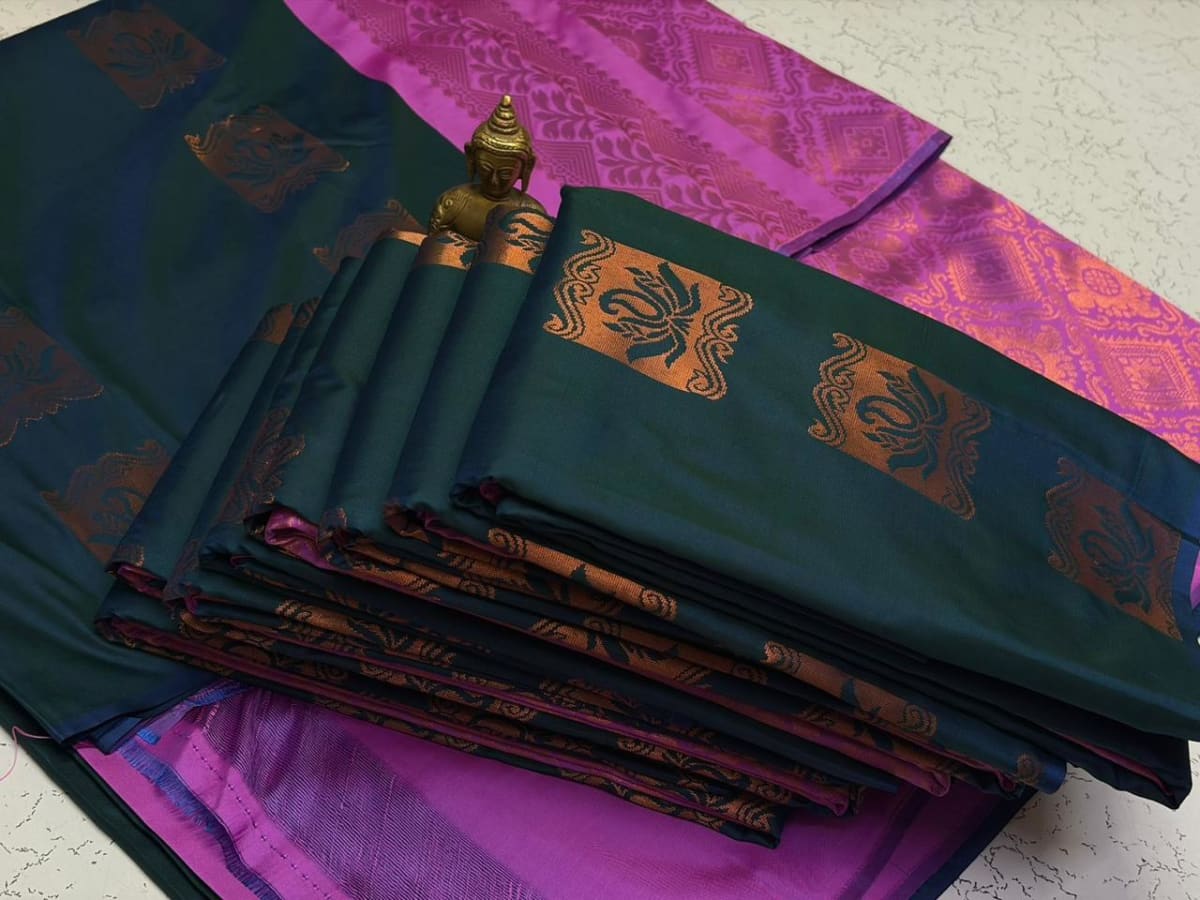 Borderless Soft Silk Saree - Dark Teal - Image 1