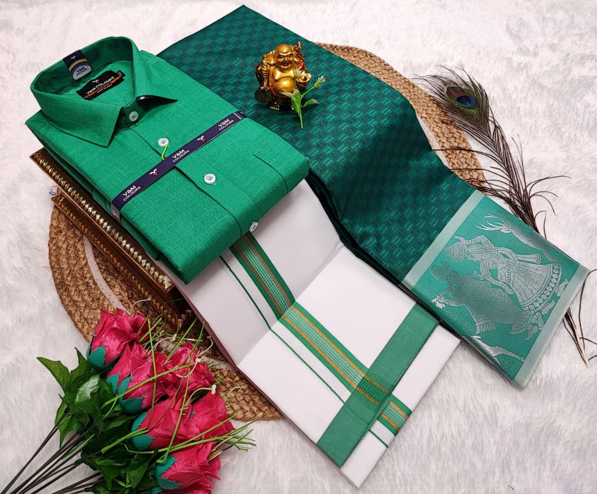 Cotton Blended Heavy Quality shirt & Dhothi - Emerald Green - Image 1