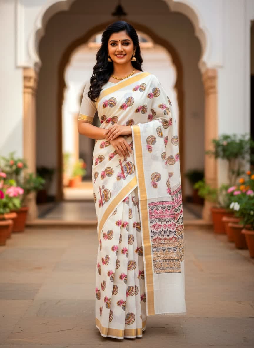 PRINTED WORK Kerala COTTON SAREES - White Gold Maroon Green - Image 1