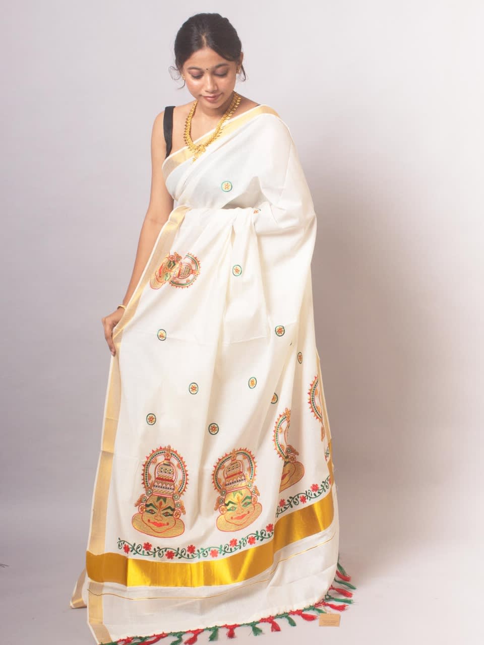 ONAM Special Saree - White Gold Brown - Image 1