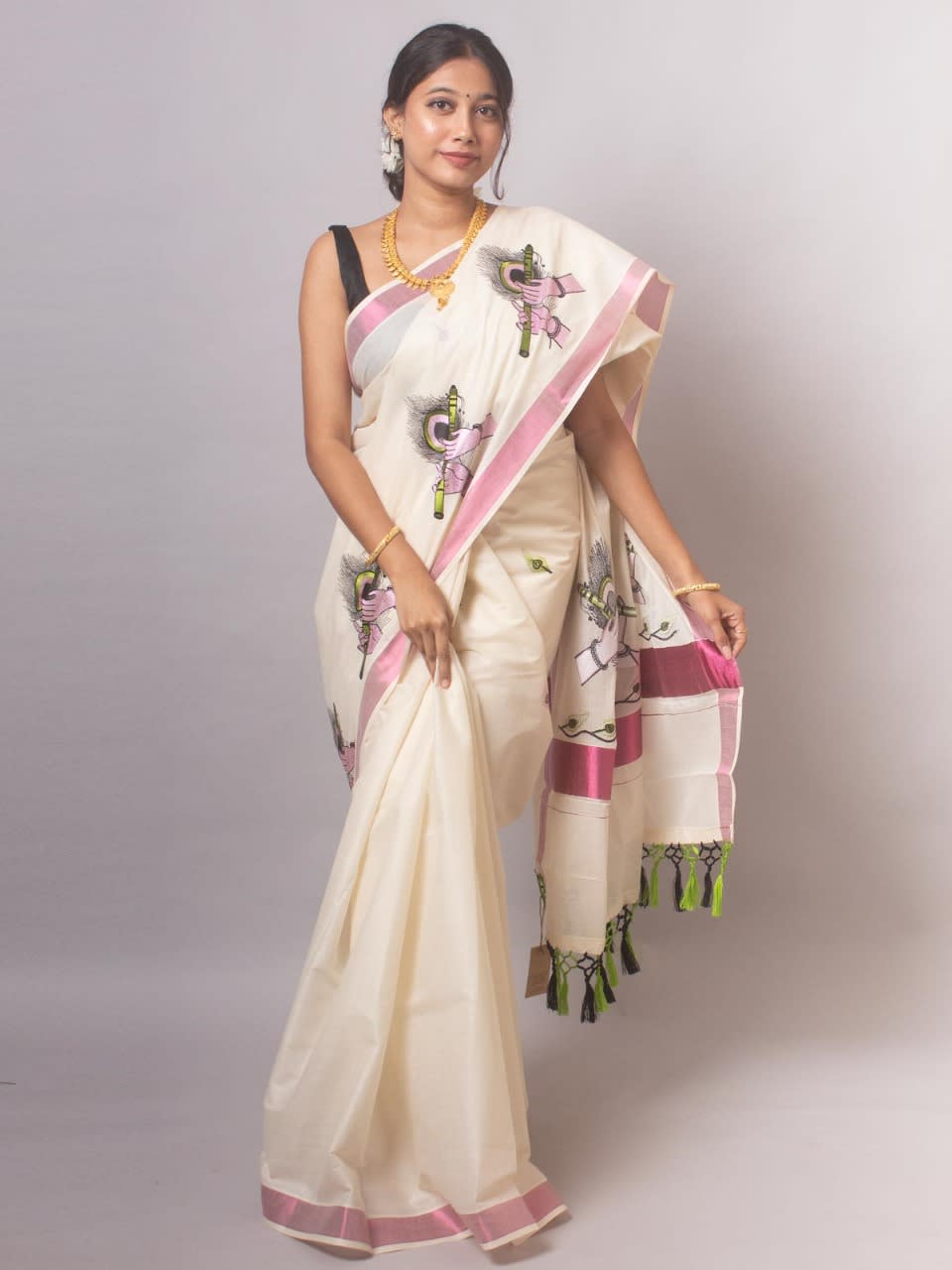 ONAM Special Saree - White Pink - Image 1