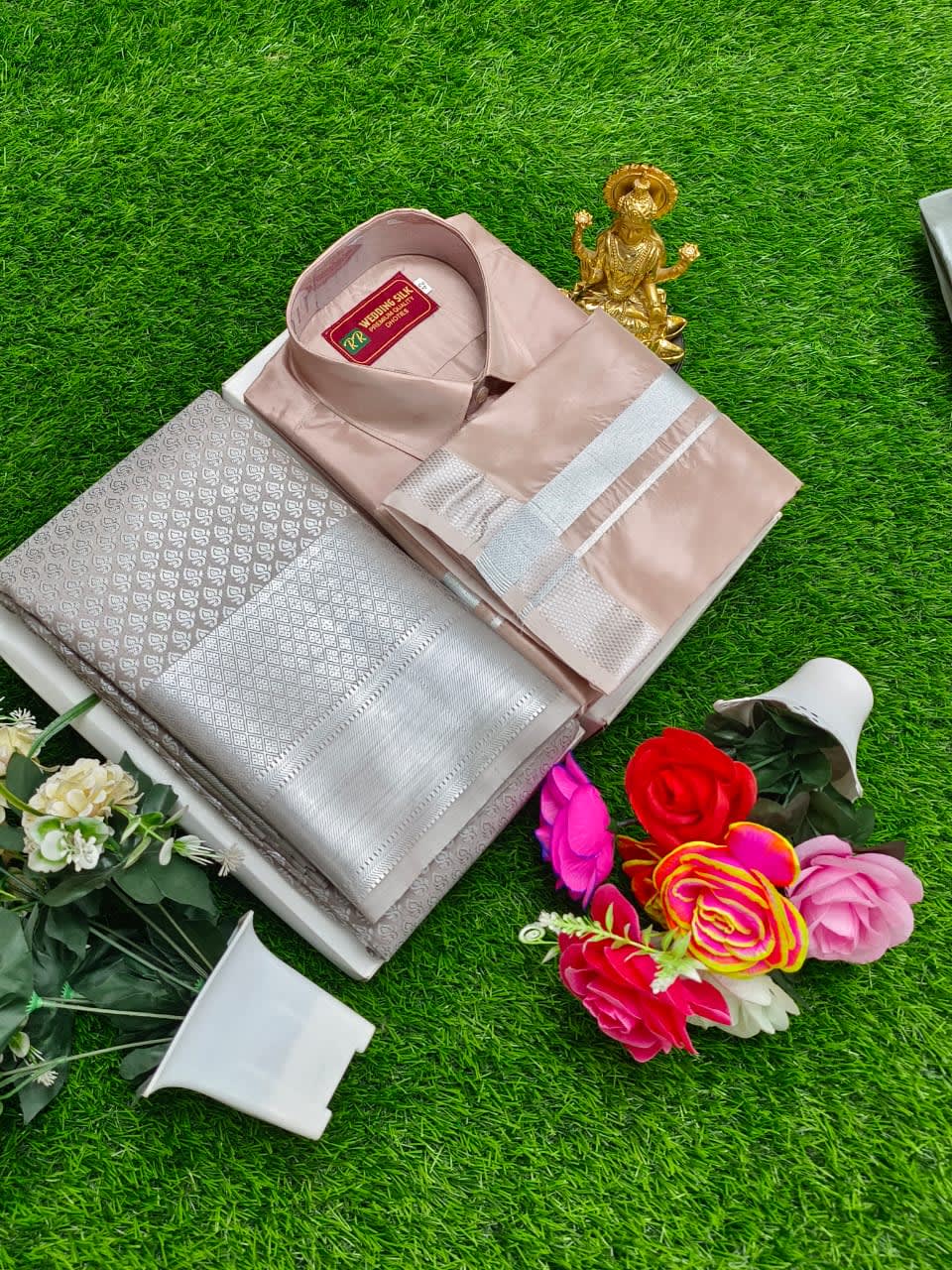 Premium silk Couple combo set (Shirt - Dhoti + Bridal semi silk sarees) - Peach Pink Silver - Image 1
