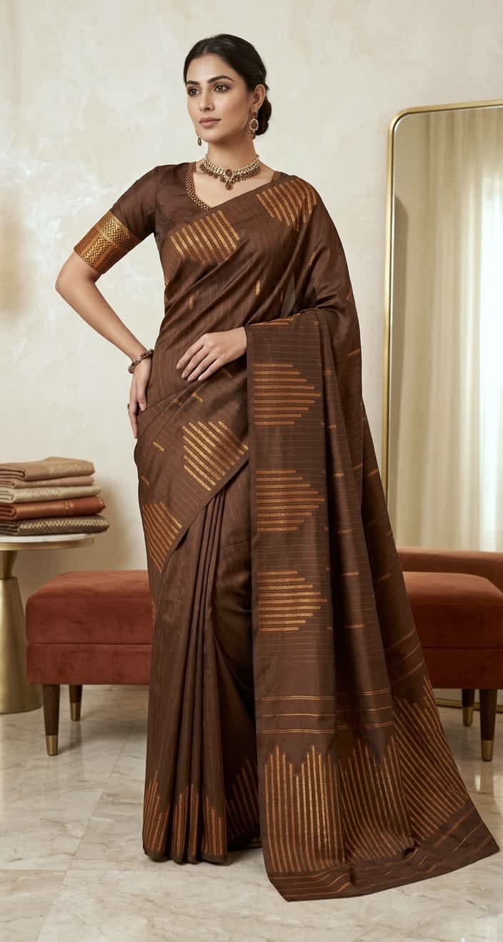 Arani Vairaoosi Soft Silk Saree - Brown - Image 1