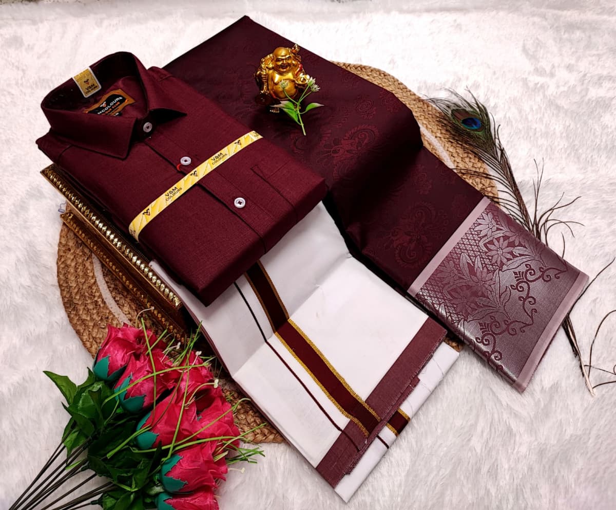 Cotton Blended Heavy Quality shirt & Dhothi - Wine Maroon - Image 1