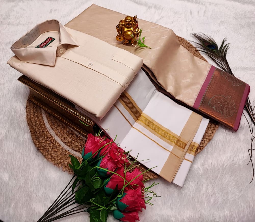 Cotton Blended Heavy Quality shirt & Dhothi - Light Cream