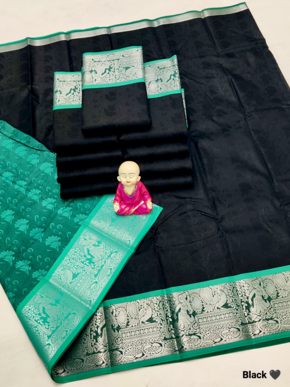 3D Embossed Art Silks Saree_Black Mint Green