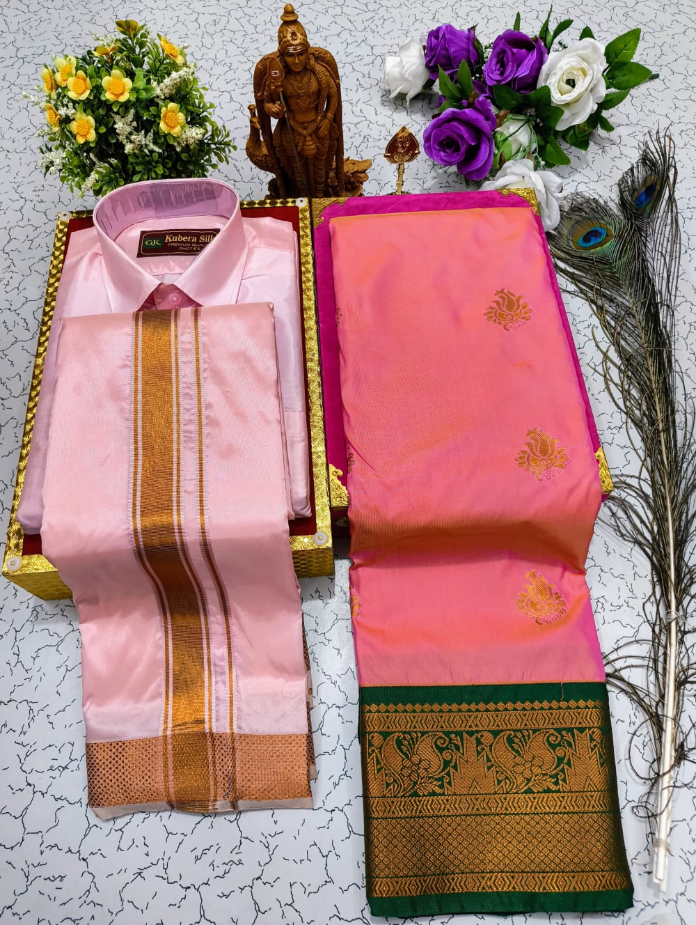 MANGALYAM KORVAI KOTTANJI TANA SOFT SILK SAREE - Light Pink Dark Green