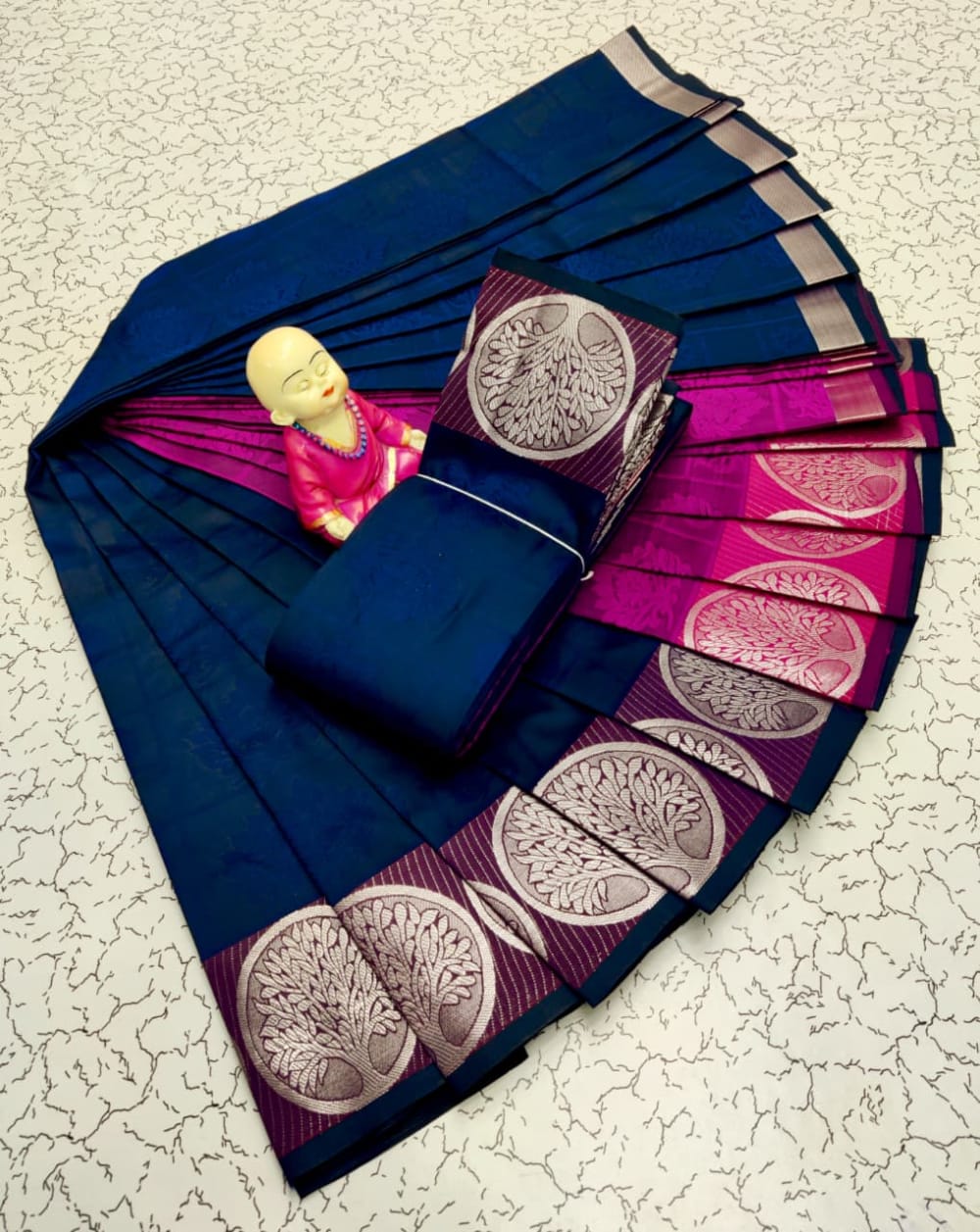 3D Embossed Art Silks Saree - Navy Blue Magenta