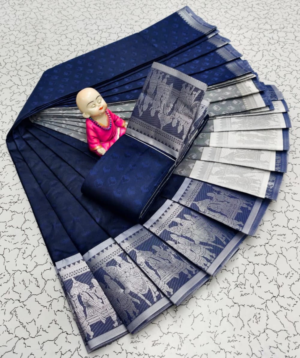 3D Embossed Art Silks Saree - Navy Blue