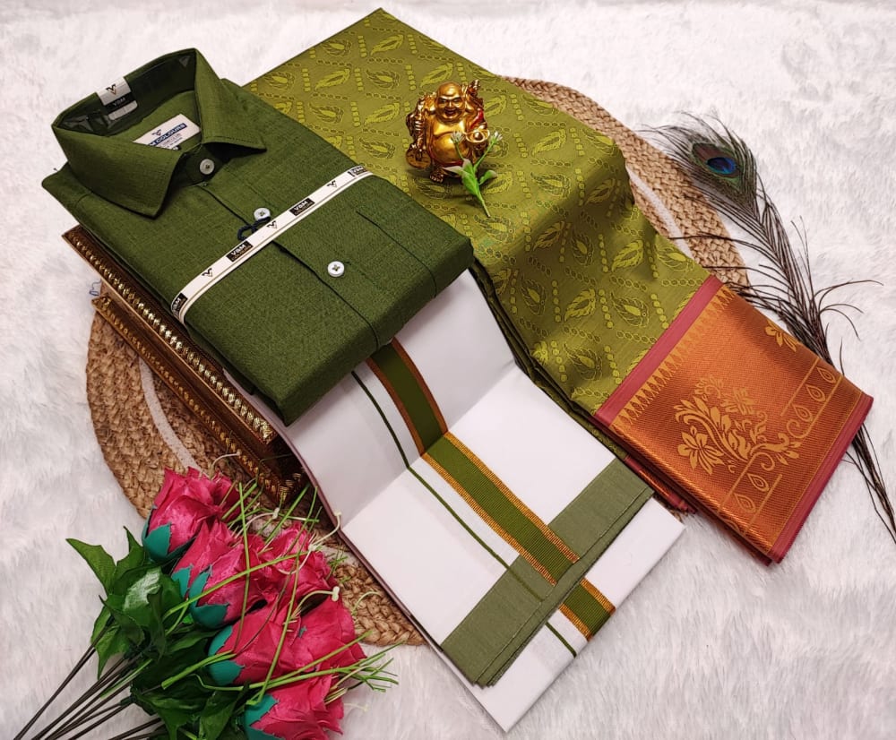 Cotton Blended Heavy Quality shirt & Dhothi - Olive Green
