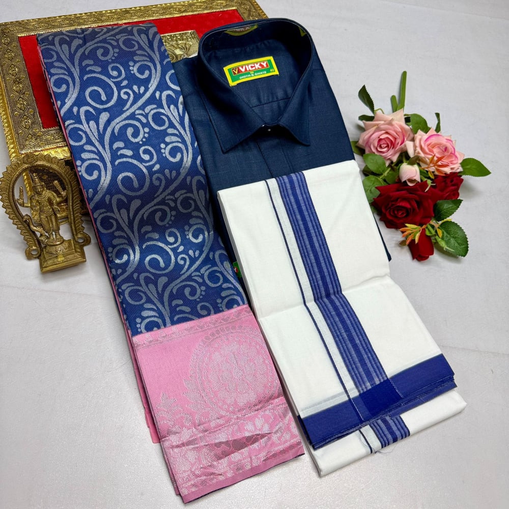 Kupera Silk Bridal Combo Set - Navy Blue Pink