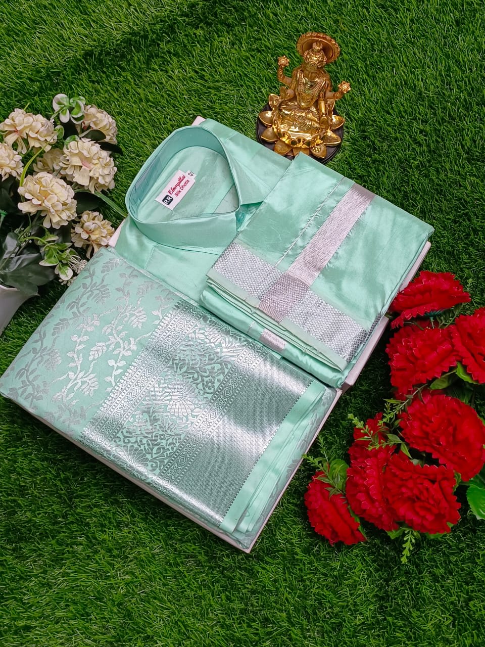 Premium silk Couple combo set (Shirt - Dhoti + Bridal semi silk sarees) - Mint Green Silver