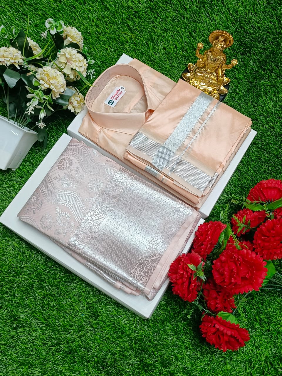 Premium silk Couple combo set (Shirt - Dhoti + Bridal semi silk sarees) - Peach Cream Silver