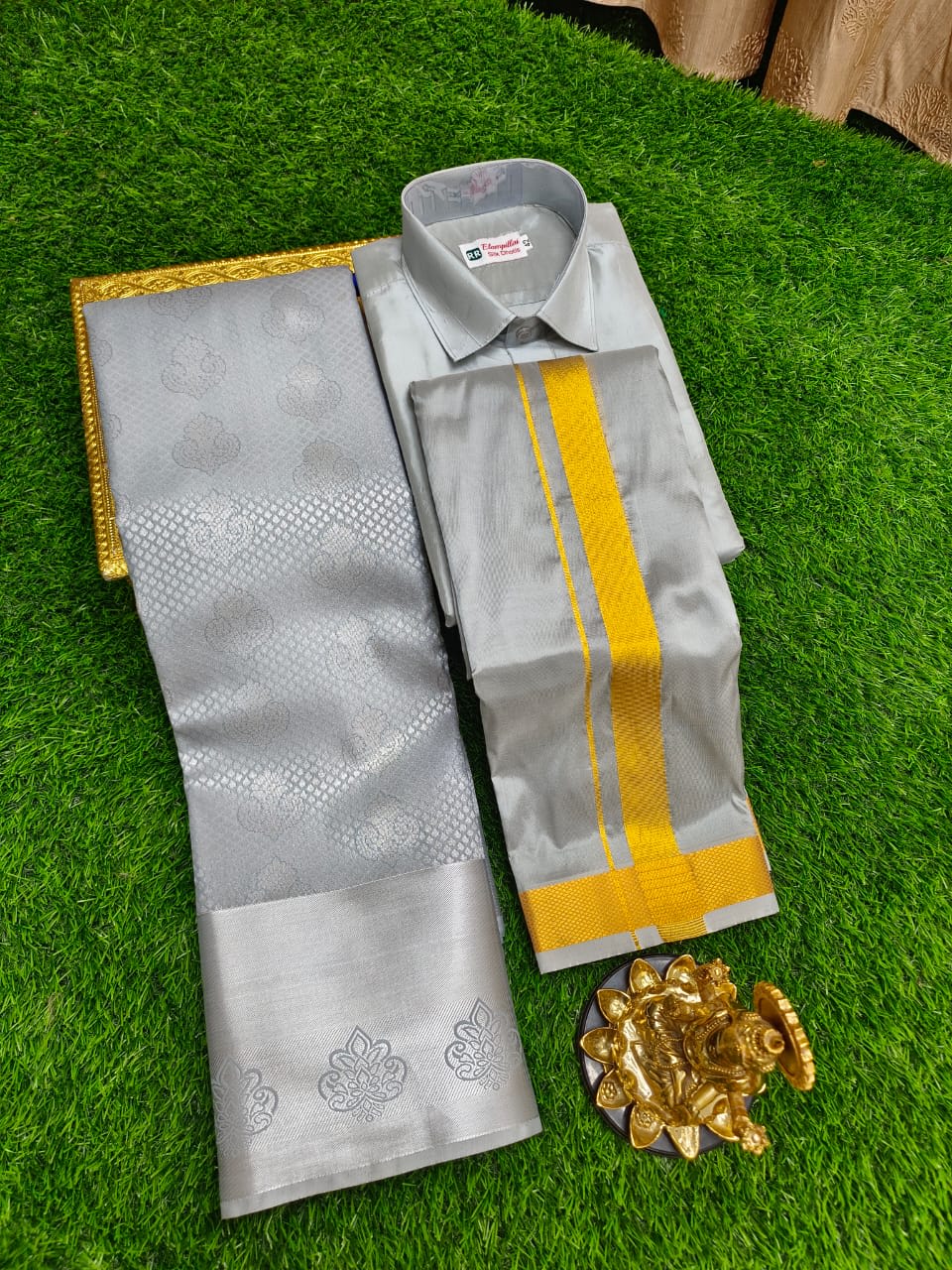 Premium silk Couple combo set (Shirt - Dhoti + Bridal semi silk sarees) - White Mustard Yellow Silver