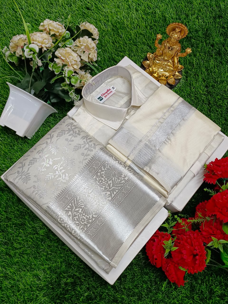 Premium silk Couple combo set (Shirt - Dhoti + Bridal semi silk sarees) - White Silver