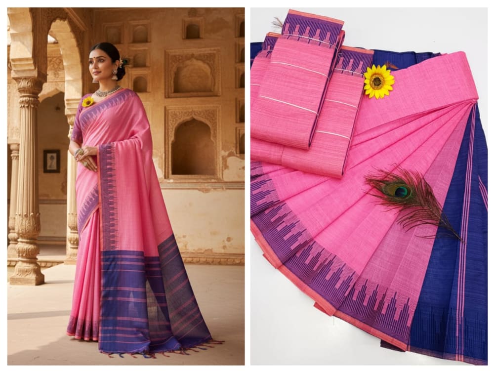 KORVAI BORDER SILK COTTON SAREES_Pink